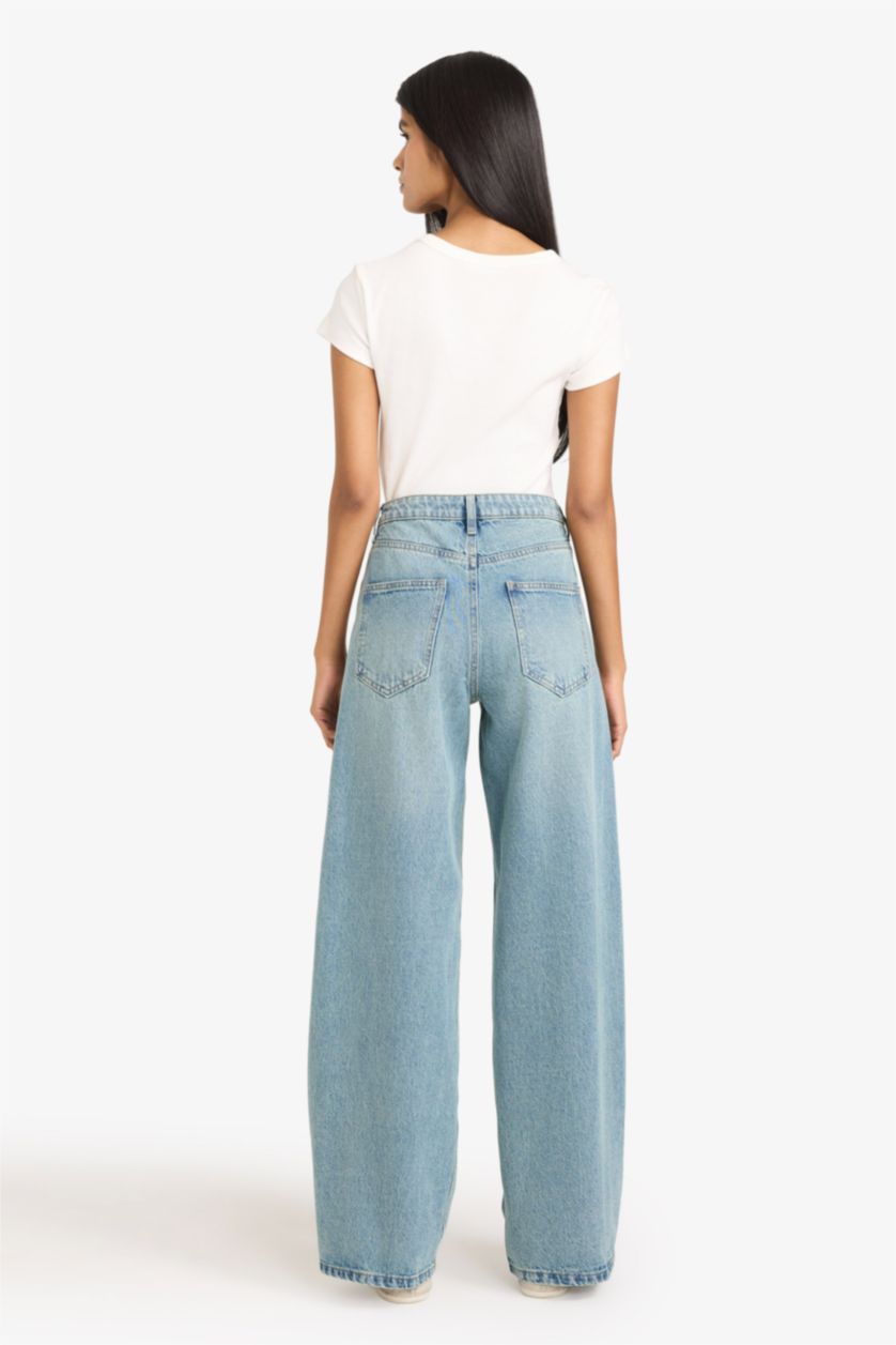 Женщины Светло-индиговый Длинные джинсы Wide Leg с высокой талией и прямыми штанинами