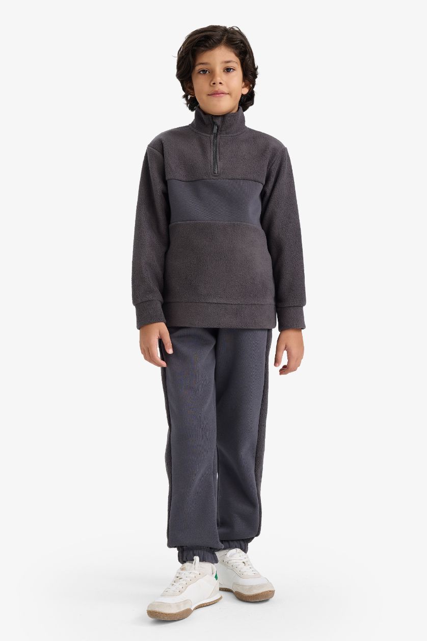 Boys & Teens Anthracite Boy Fleece Half Zip-Up Sweatshirts Sweatpants 2 Piece Set