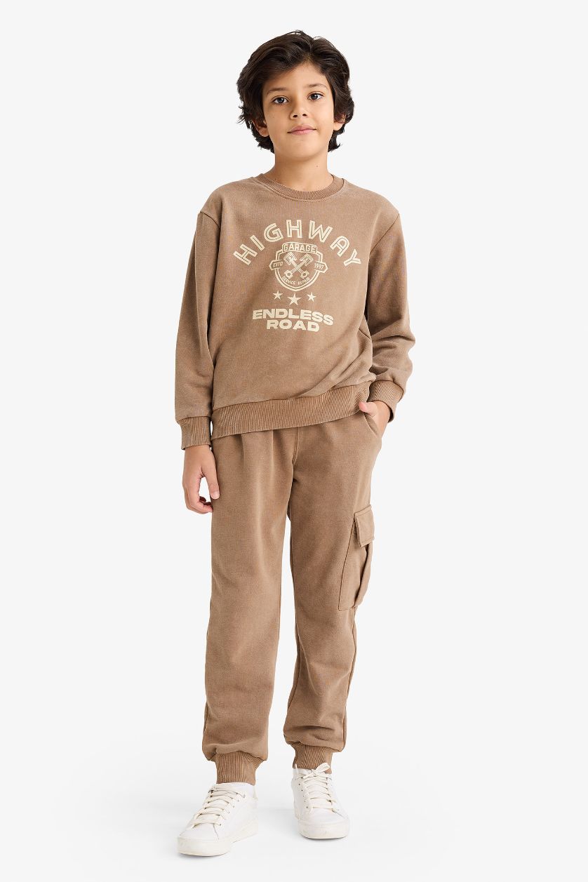 Erkek Çocuk - Genç Erkek Açık Kahve 2'li Takım Baskılı Sweatshirt Eşofman Altı Erkek Çocuk