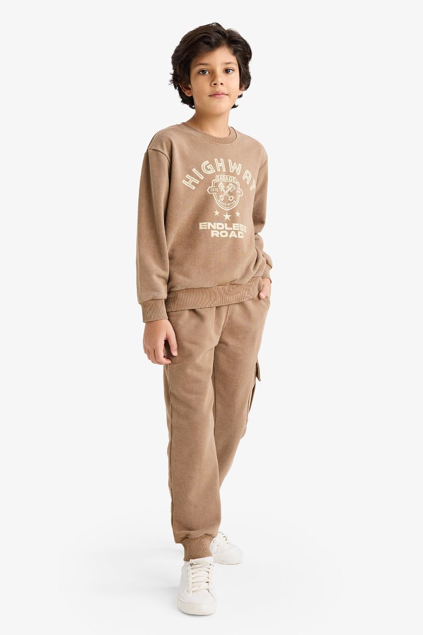 Erkek Çocuk - Genç Erkek Açık Kahve 2'li Takım Baskılı Sweatshirt Eşofman Altı Erkek Çocuk