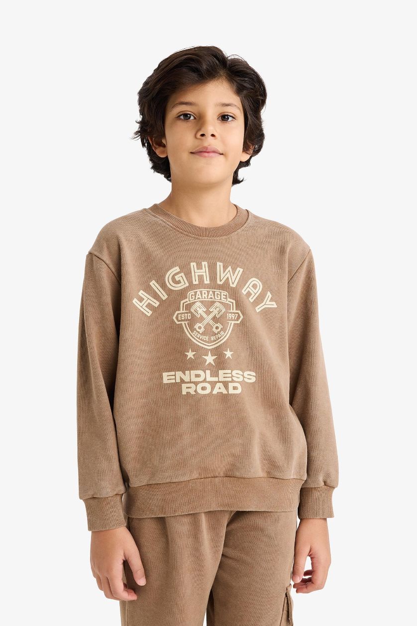 Erkek Çocuk - Genç Erkek Açık Kahve 2'li Takım Baskılı Sweatshirt Eşofman Altı Erkek Çocuk