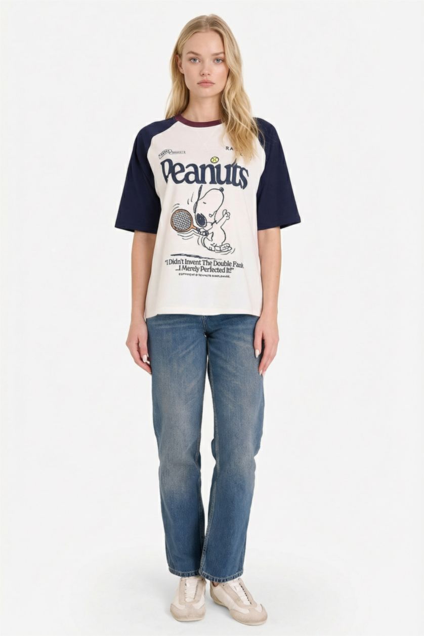 Әйелдерге АҚ Snoopy Oversize дөңгелек жағалы баспалы қысқа жеңді футболка