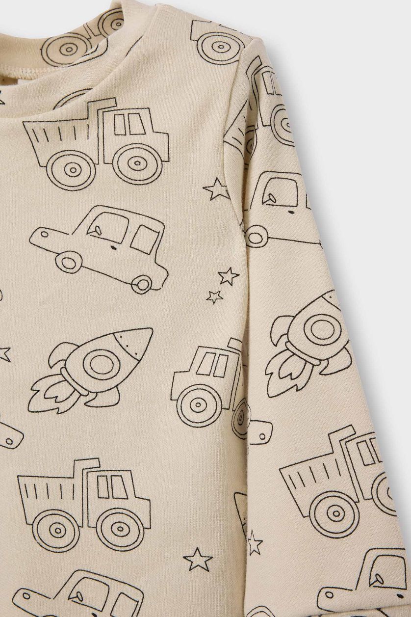 Erkek Bebek Bej %100 Pamuklu Desenli Beli Lastikli Pijama Takımı Erkek Bebek