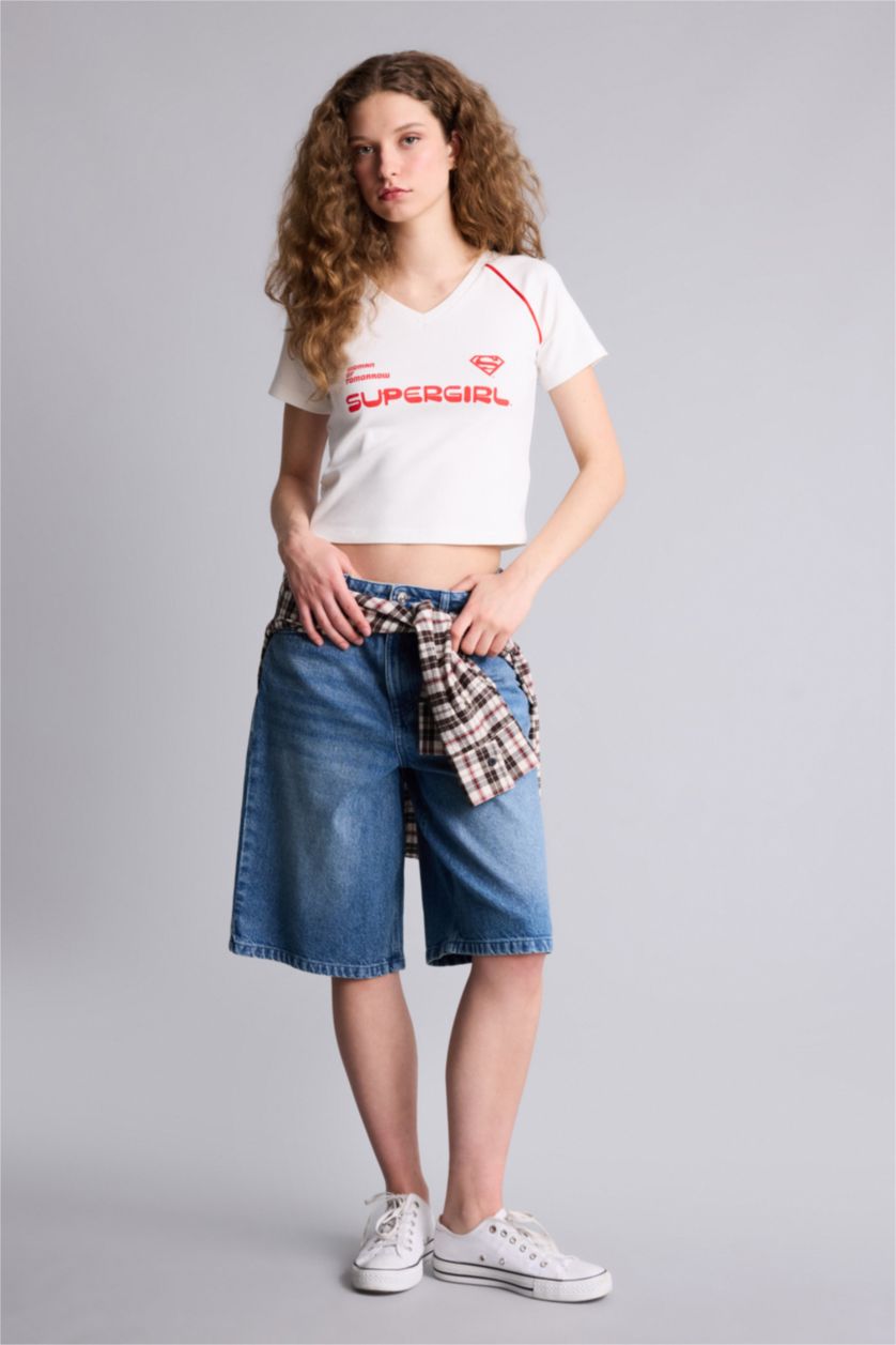 Женщины Кремовый Supergirl Fitted V жағалы баспалы рибана қысқа жеңді футболка