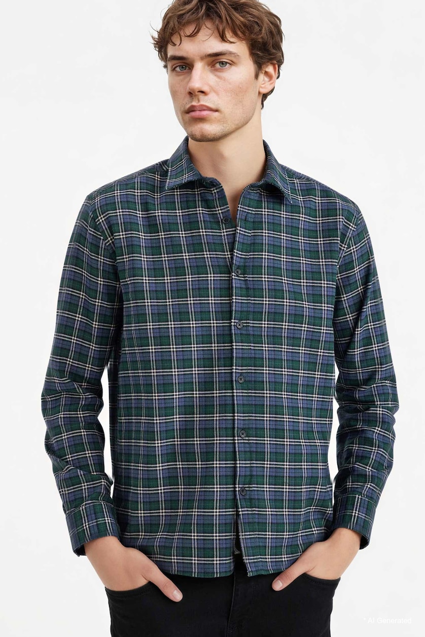 Men Green Cotton Plaid Shirt