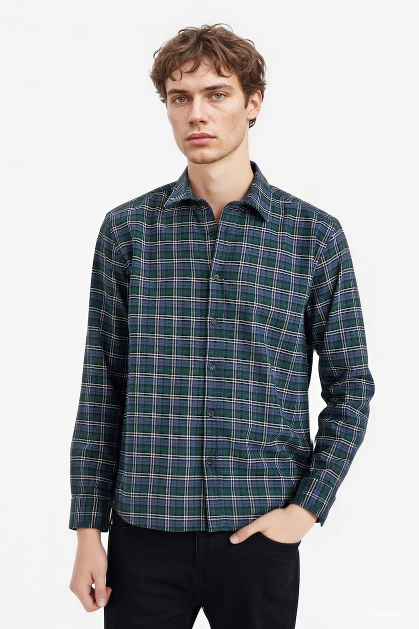 Men Green Cotton Plaid Shirt