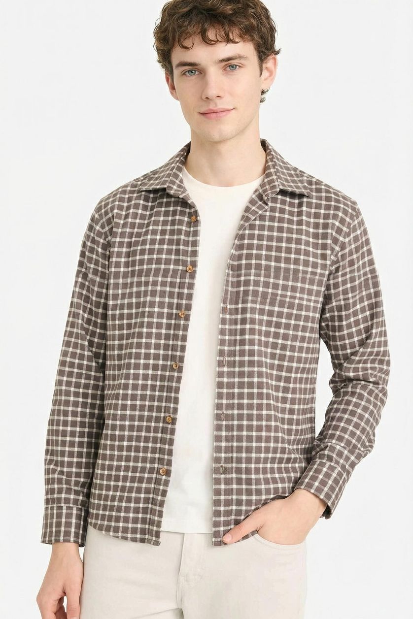 Man Brown 100% Cotton Plaid Shirt
