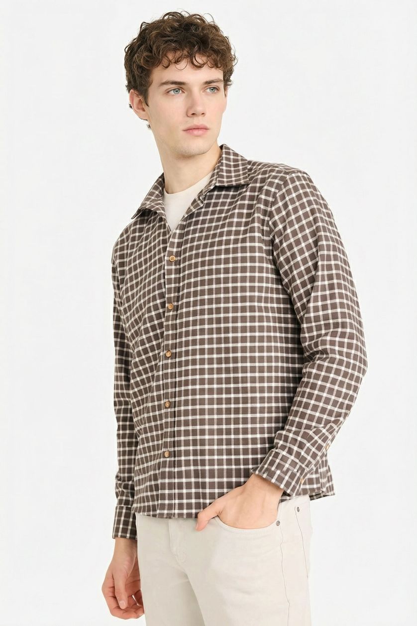 Man Brown 100% Cotton Plaid Shirt