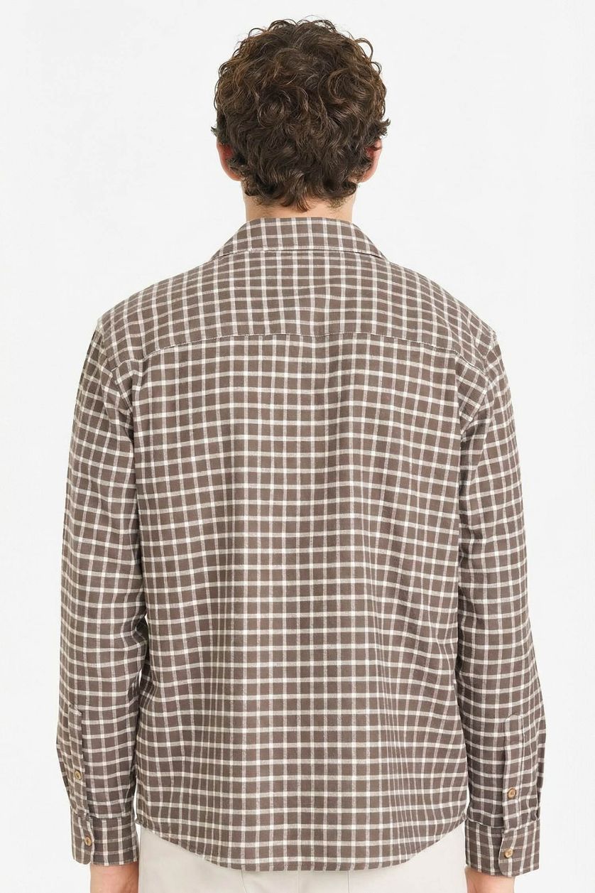 Man Brown 100% Cotton Plaid Shirt