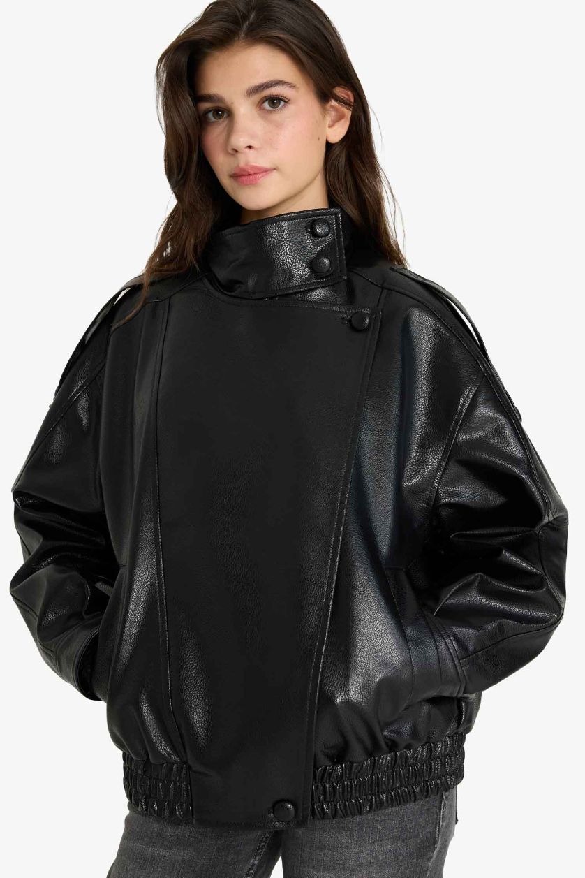 Kadın Siyah Dad Fit Dik Yaka Fermuarlı Suni Deri Ceket