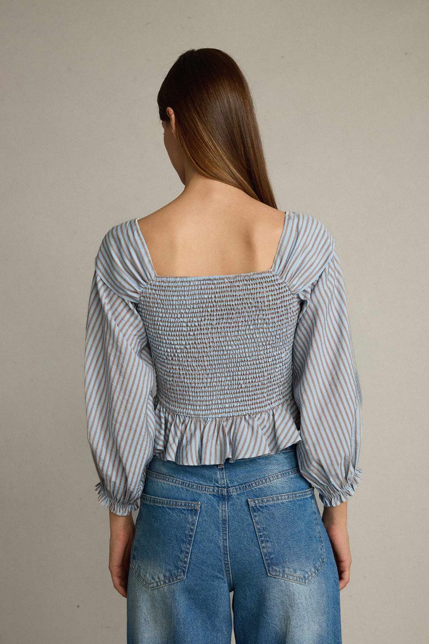 Kadın Deniz Mavisi Kayık Yaka Fiyonk Detaylı Çizgili Uzun Kollu Bluz