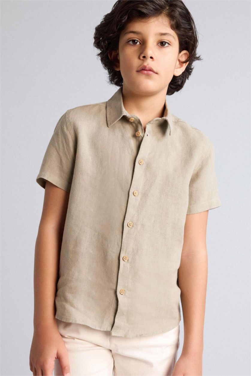 Erkek Çocuk - Genç Erkek Haki %100 Keten Gömlek Erkek Çocuk