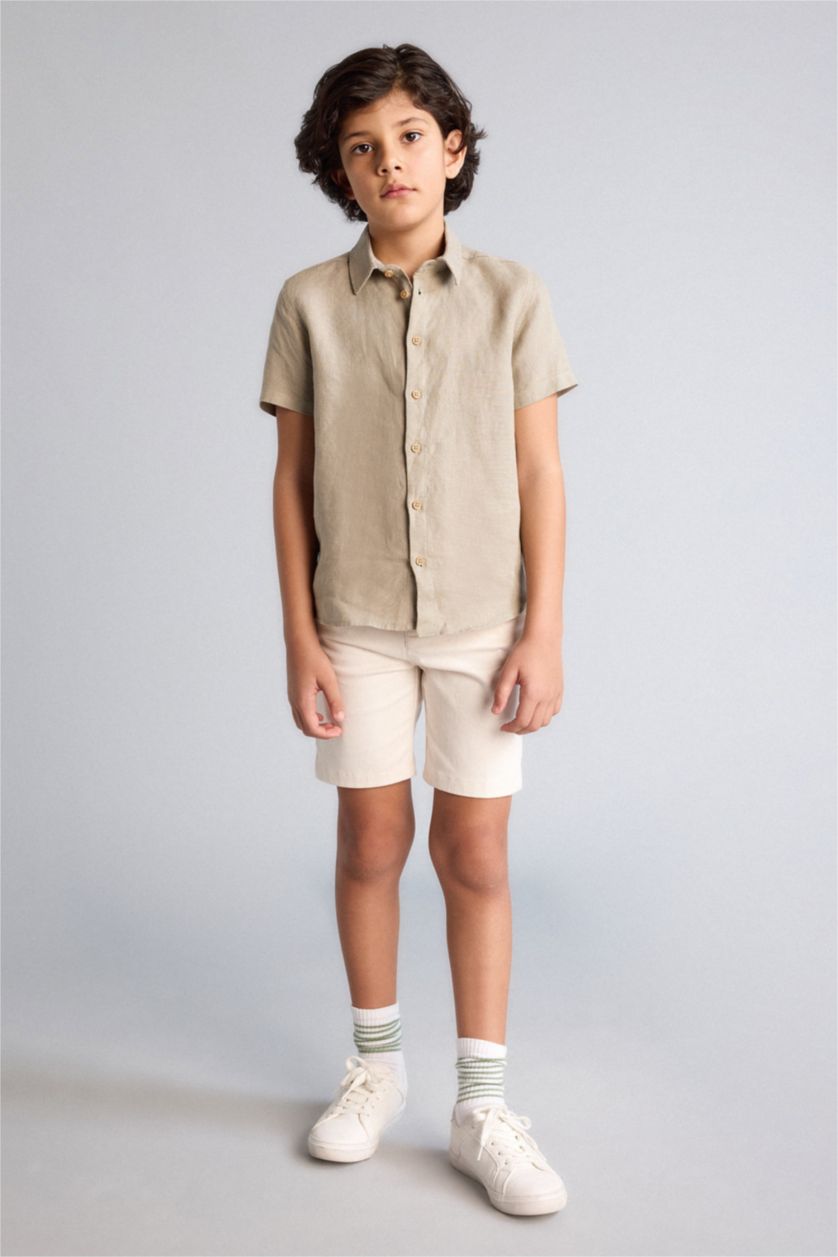 Erkek Çocuk - Genç Erkek Haki %100 Keten Gömlek Erkek Çocuk