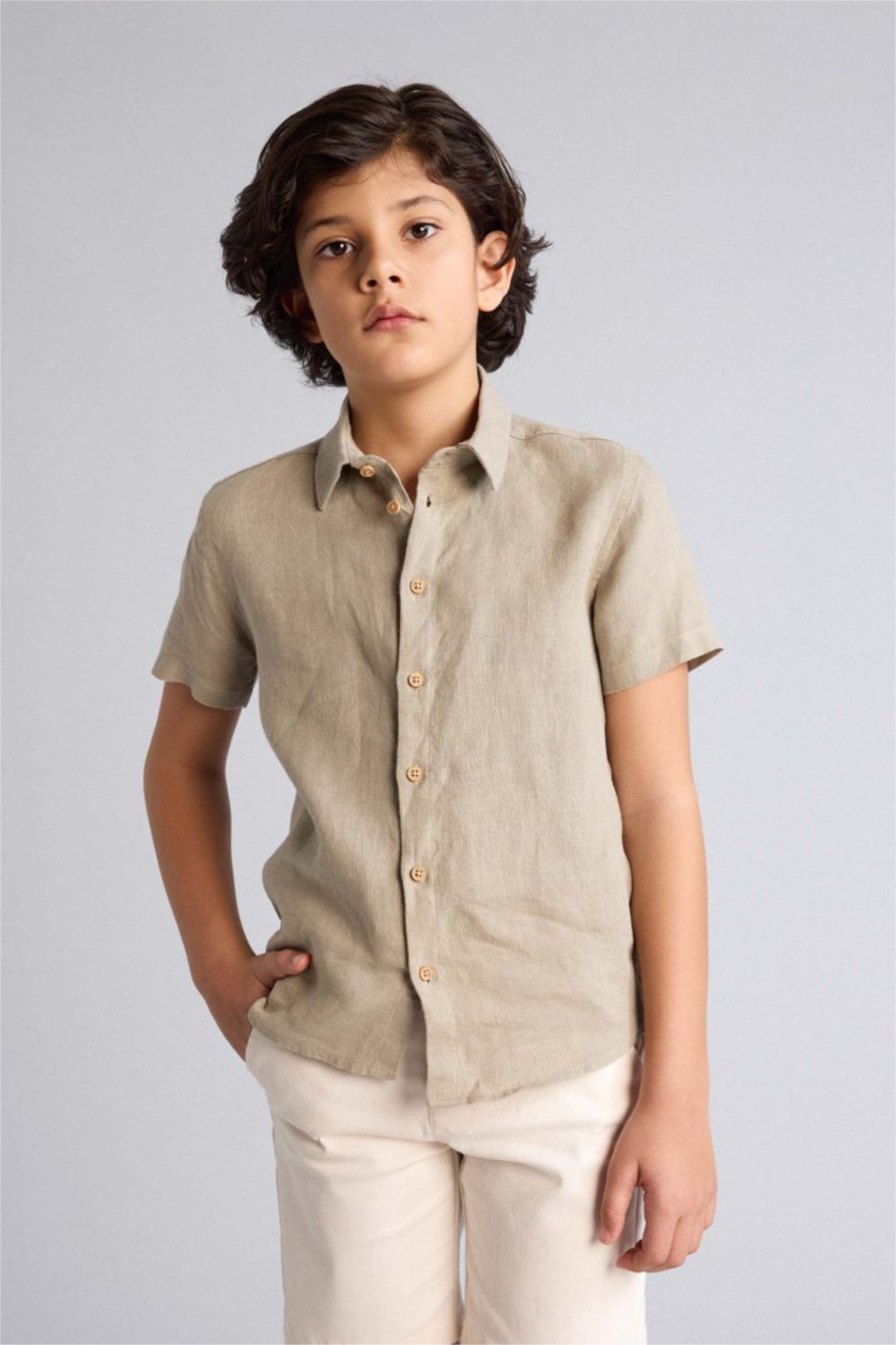 Erkek Çocuk - Genç Erkek Haki %100 Keten Gömlek Erkek Çocuk