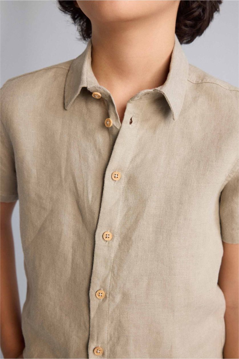 Erkek Çocuk - Genç Erkek Haki %100 Keten Gömlek Erkek Çocuk