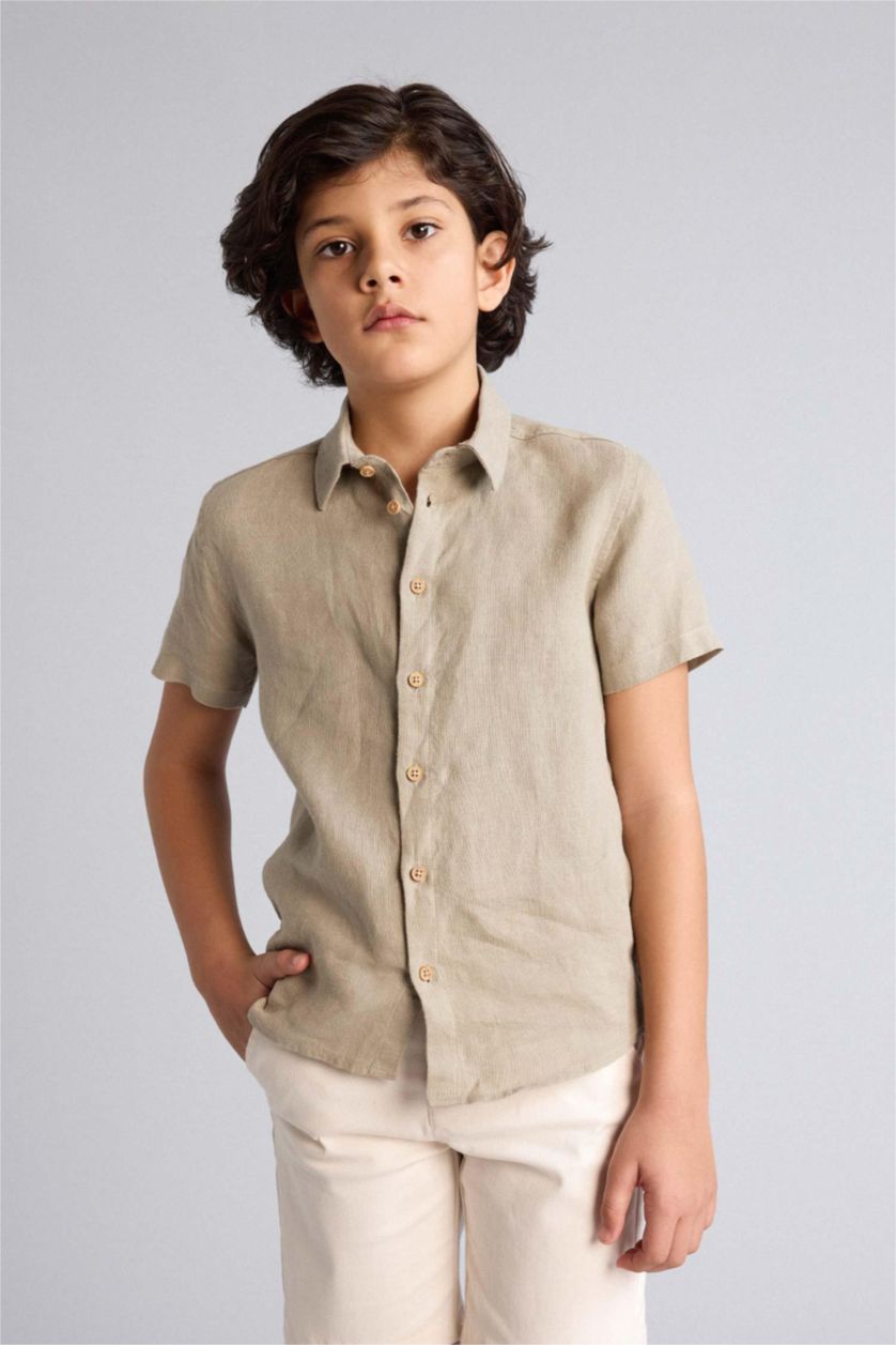 أولاد كاكي قميص ولادي كتان 100% قصة عادية بياخة عالية