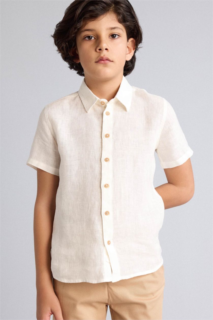 Erkek Çocuk - Genç Erkek Kırık Beyaz %100 Keten Gömlek Erkek Çocuk