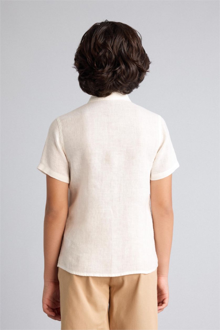 Erkek Çocuk - Genç Erkek Kırık Beyaz %100 Keten Gömlek Erkek Çocuk