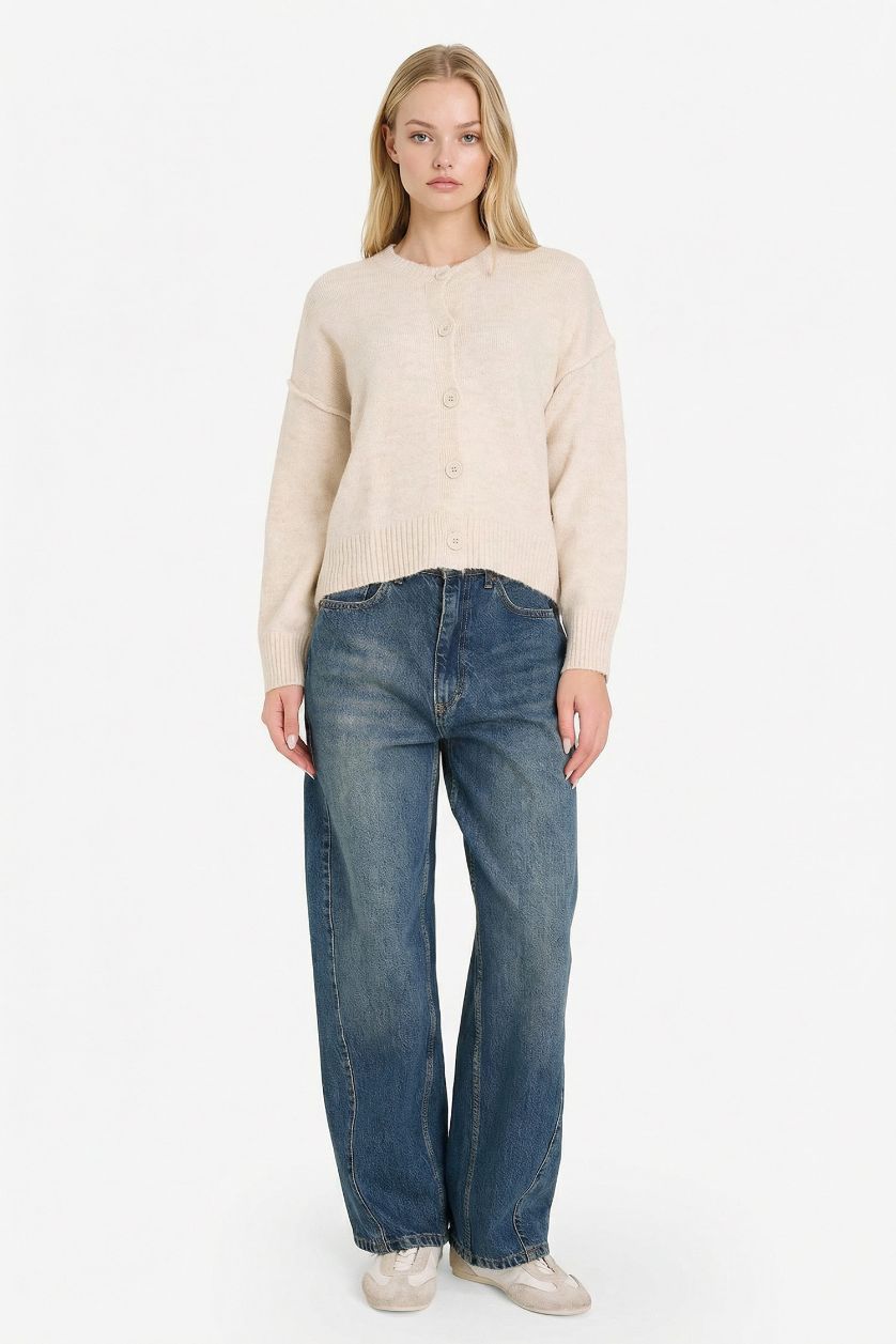 نساء بيج فاتح جاكيت صوف قصة عادية بياخة مستديرة