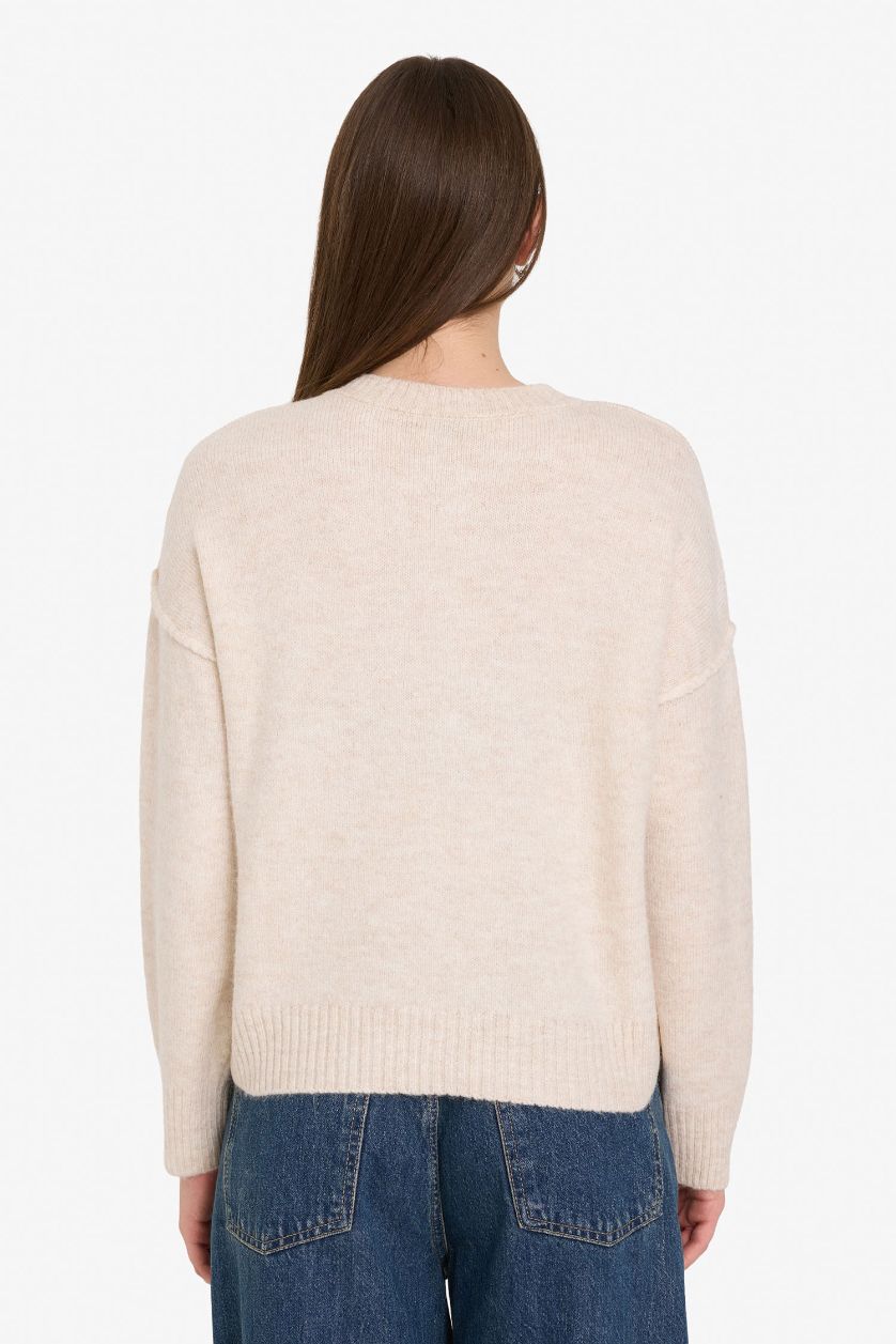 نساء بيج فاتح جاكيت صوف قصة عادية بياخة مستديرة