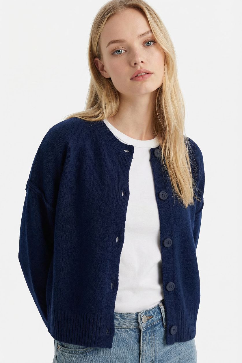 Woman NAVY Regular Fit Crew Neck Cardigan
