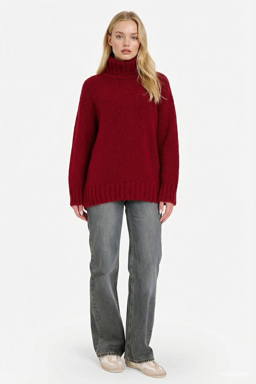 Women Red Oversize Fit Pullover