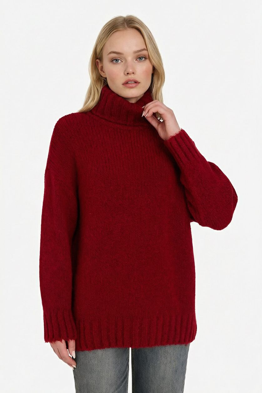 نساء أحمر بلوز صوف اوفر سايز بياخة عالية هاينك