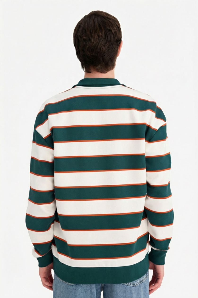 رجالي أخضر غامق سويت شيرت مخطط اوفر سايز بياقة عالية نص سحاب