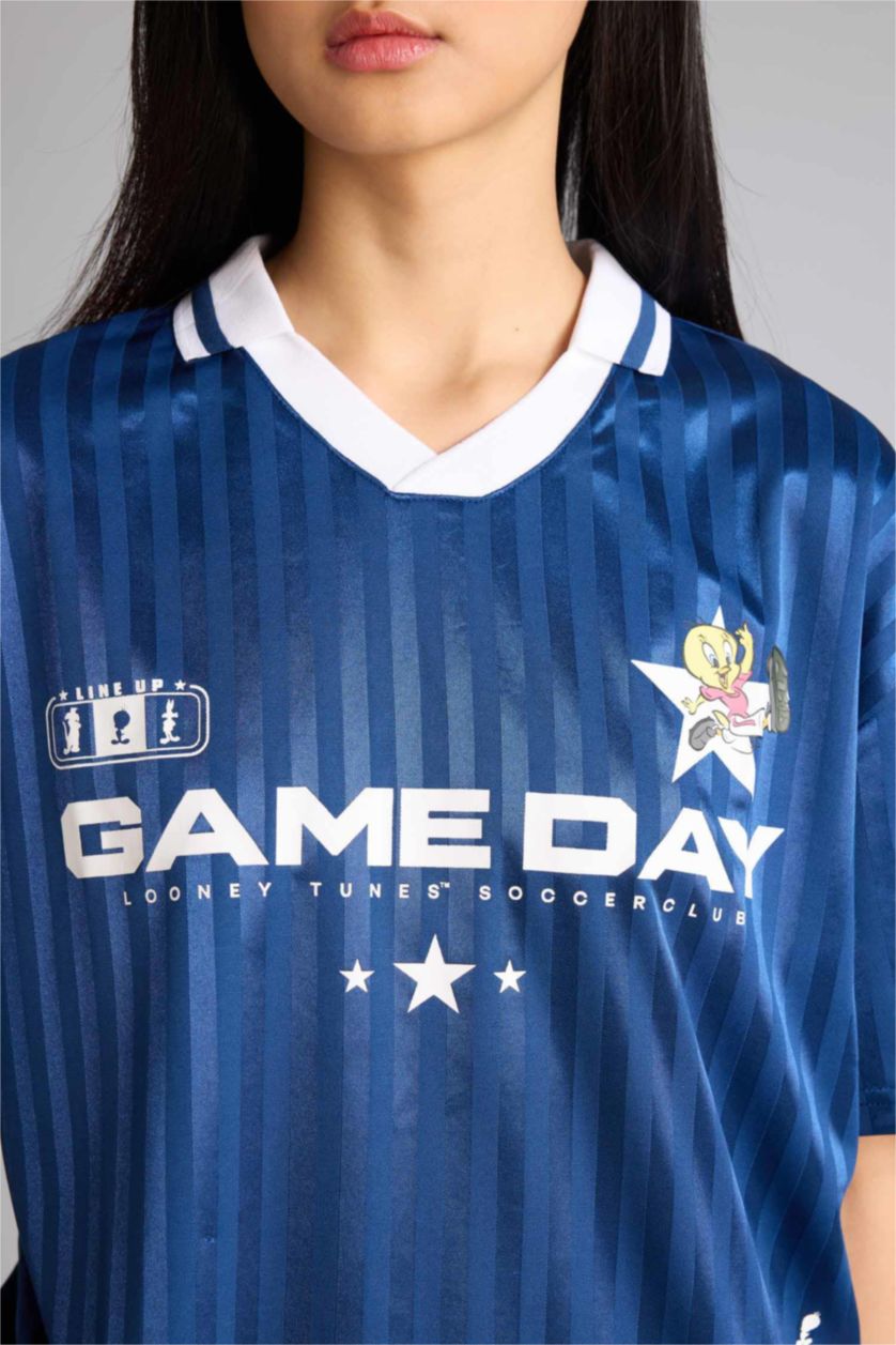 Kadın İndigo Looney Tunes Oversıze Polo Yaka Baskılı Kısa Kollu Tişört