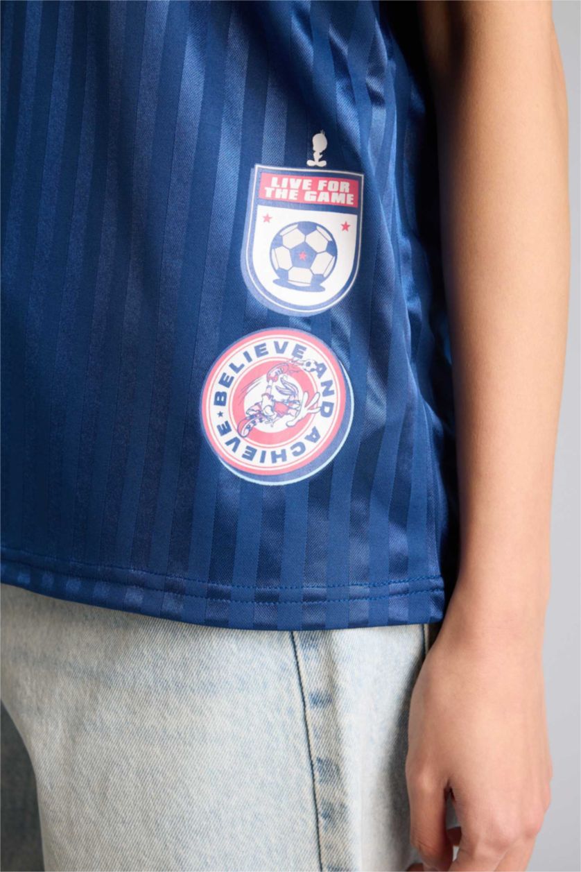 Kadın İndigo Looney Tunes Oversıze Polo Yaka Baskılı Kısa Kollu Tişört