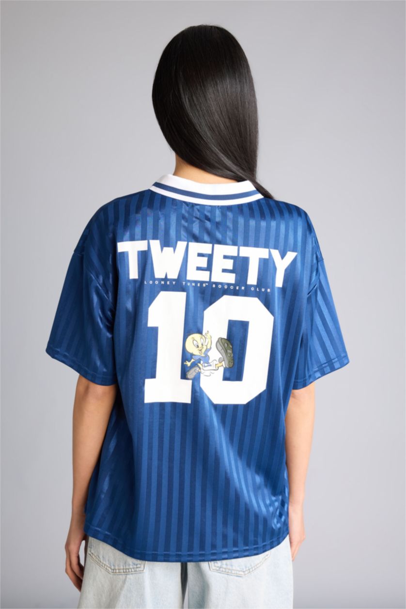 Kadın İndigo Looney Tunes Oversıze Polo Yaka Baskılı Kısa Kollu Tişört