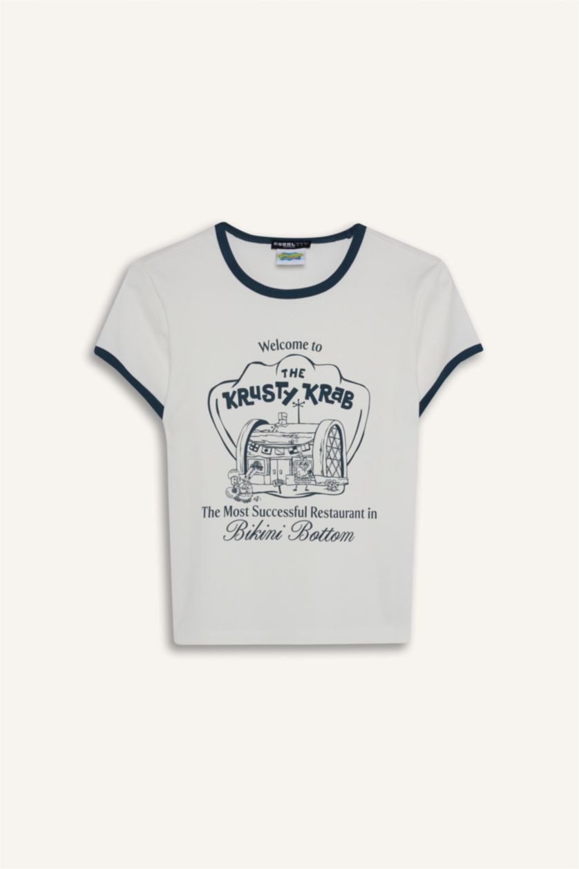 Женщины Кремовый Футболка SpongeBob Fitted в рубчик с круглым вырезом принтом и коротким рукавом