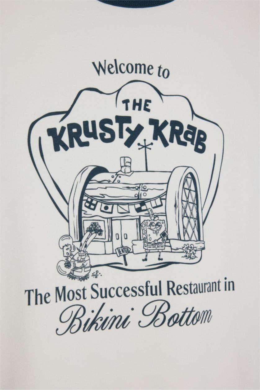 Женщины Кремовый Футболка SpongeBob Fitted в рубчик с круглым вырезом принтом и коротким рукавом