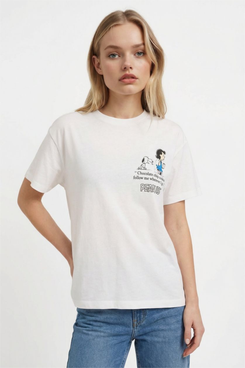 Женщины Кремовый Snoopy Oversize дөңгелек жағалы баспалы қысқа жеңді футболка