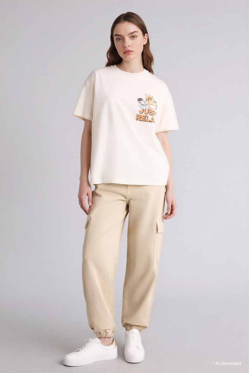 FEMME Écru T-shirt oversize Tom & Jerry à col rond manches courtes
