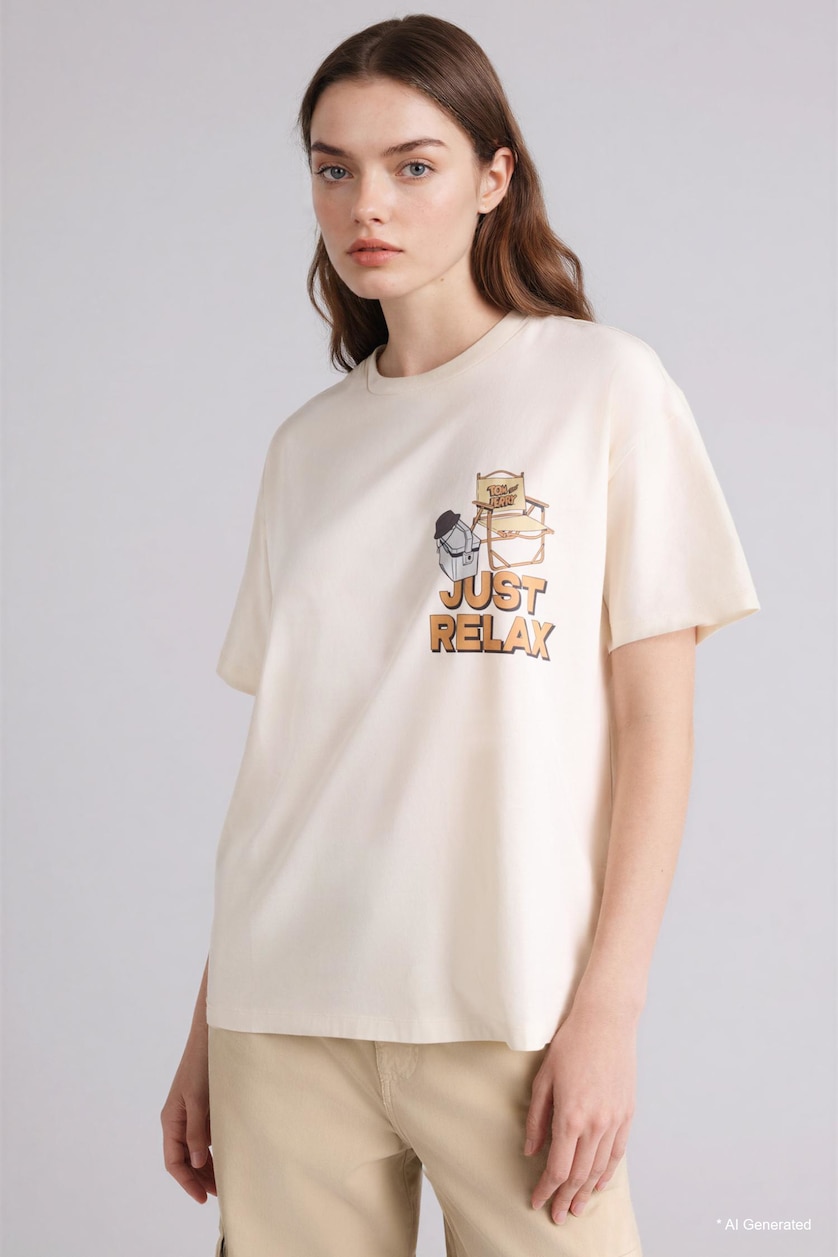 FEMME Écru T-shirt oversize Tom & Jerry à col rond manches courtes