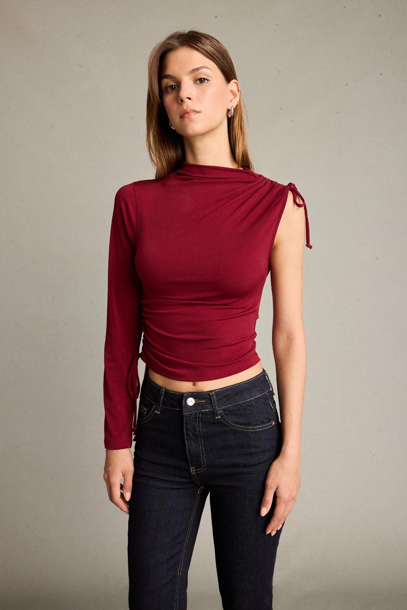 نساء خمري بلوزة مدرزة بكتف واحد