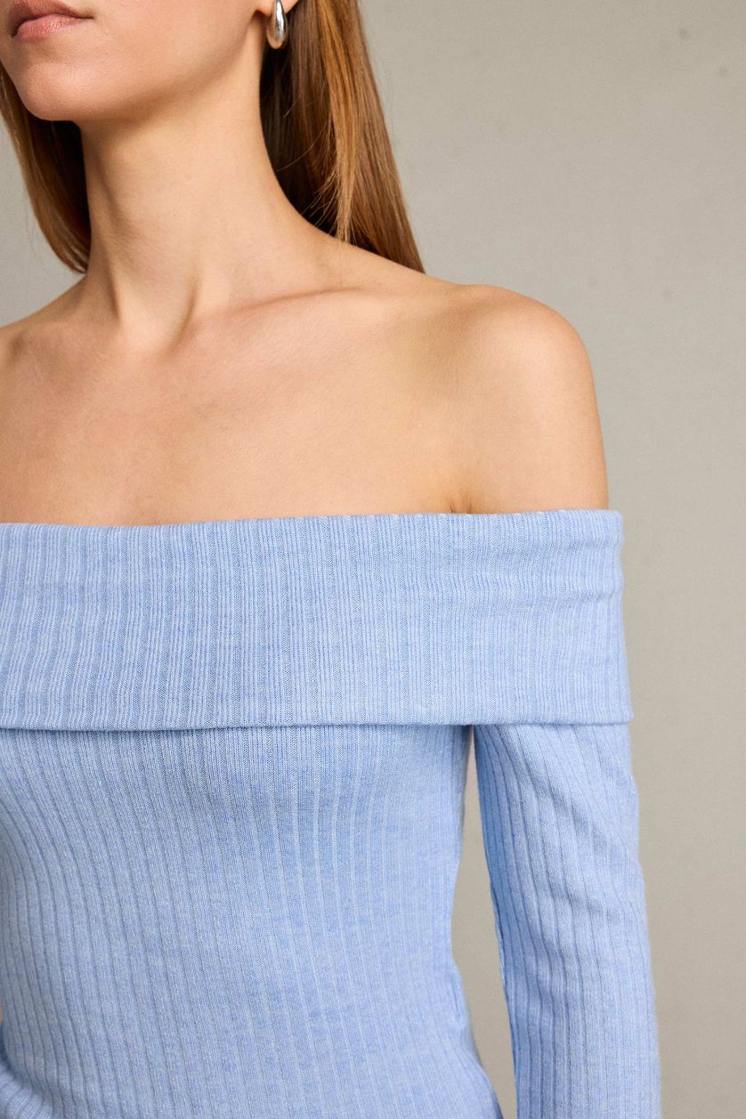 Kadın Mavi Kayık Yaka Uzun Kollu Tişört