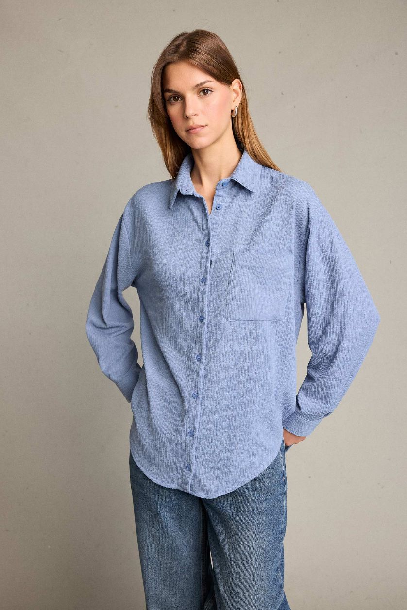 Kadın Koyu Mavi Regular Fit Uzun Kollu Gömlek