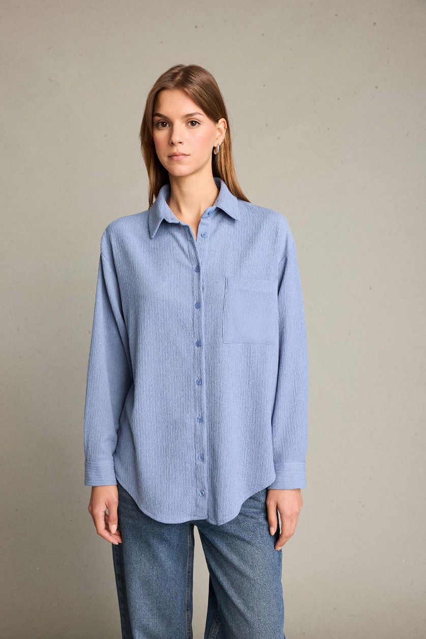 Kadın Koyu Mavi Regular Fit Uzun Kollu Gömlek