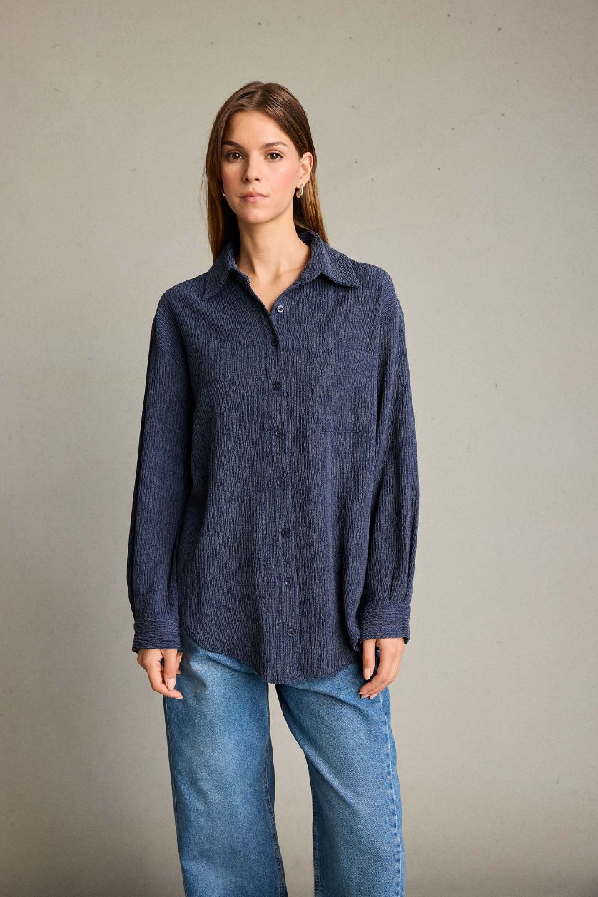 Kadın İndigo Regular Fit Uzun Kollu Gömlek