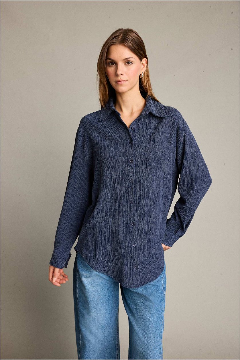 Kadın İndigo Regular Fit Uzun Kollu Gömlek