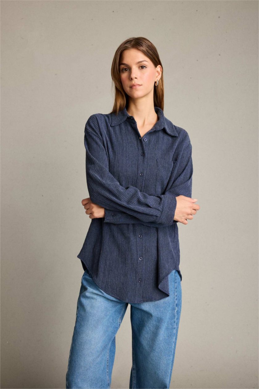 Kadın İndigo Regular Fit Uzun Kollu Gömlek