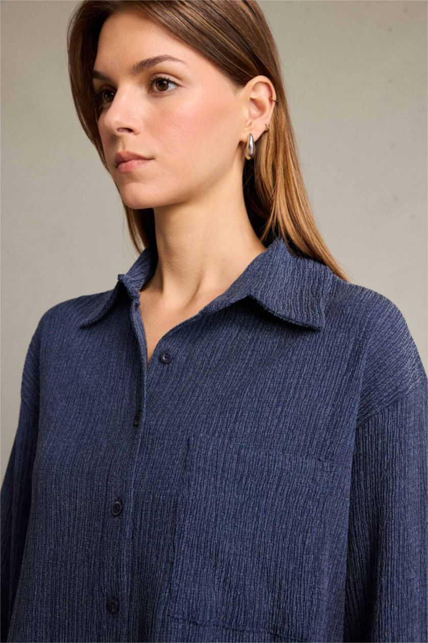 Kadın İndigo Regular Fit Uzun Kollu Gömlek
