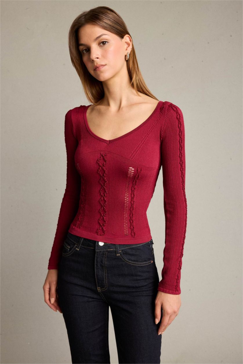 Woman Bordeaux تيشيرت ردن طويل مخصر بياخة V