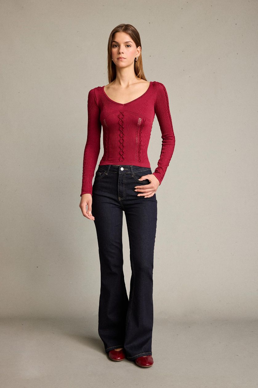 Woman Bordeaux تيشيرت ردن طويل مخصر بياخة V