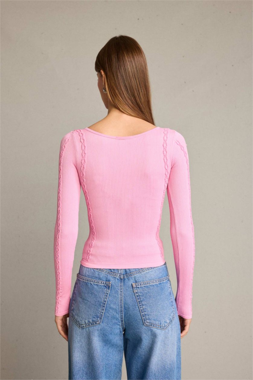 Kadın Pembe Fitted V Yaka Uzun Kollu Tişört