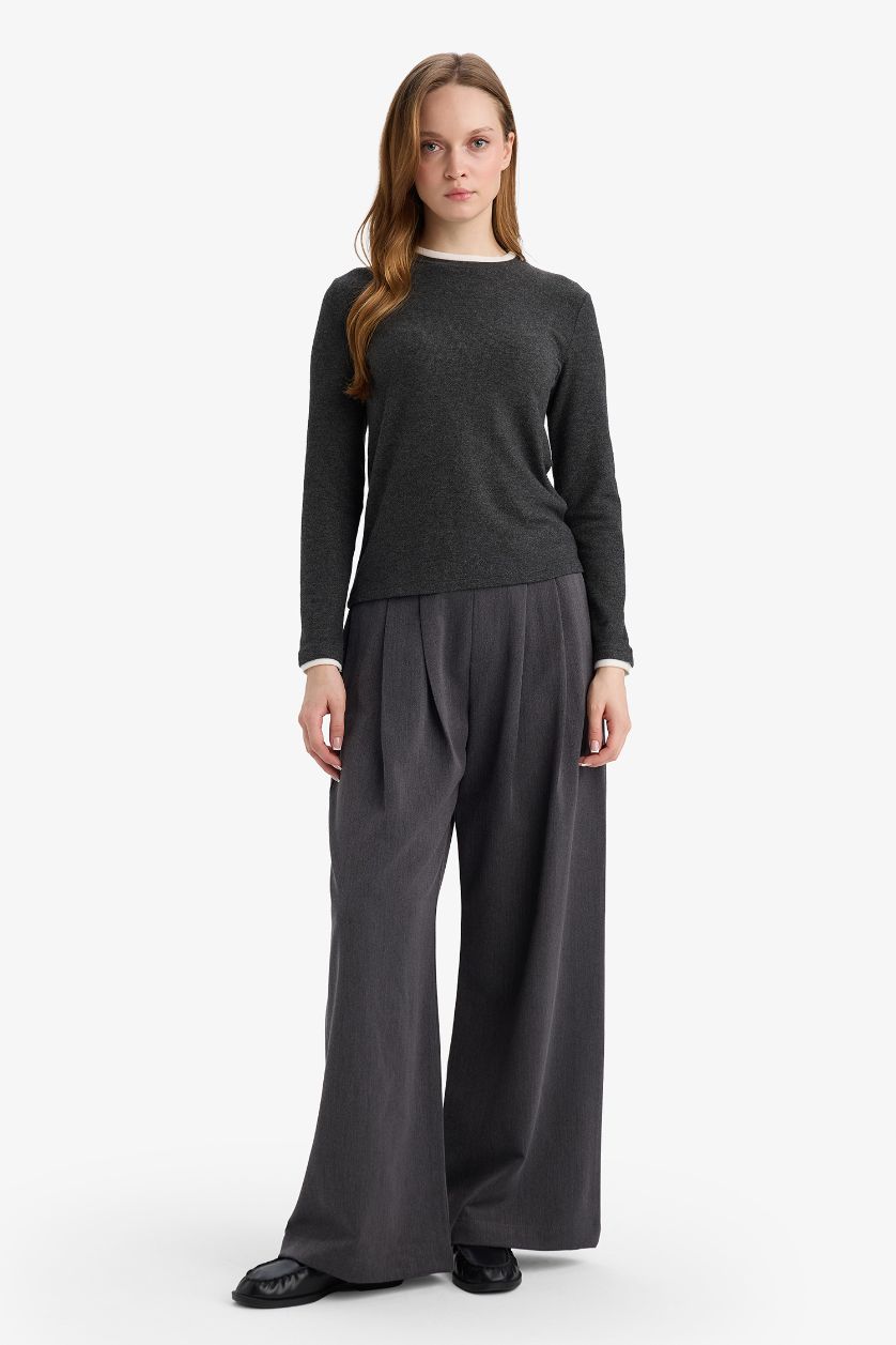 Kadın Antrasit Regular Fit Bisiklet Yaka Uzun Kollu Tişört Tunik