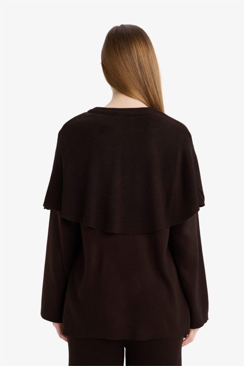 Kadın Kahve Regular Fit Bisiklet Yaka Düğme Detaylı Triko Tunik