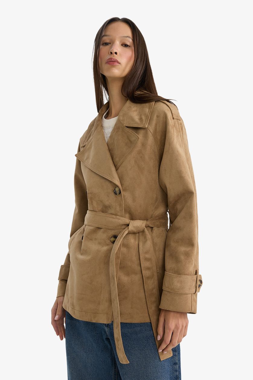 نساء بيج معطف ترانش كوت جوخ قصة عادية بياخة سموكين بحزام
